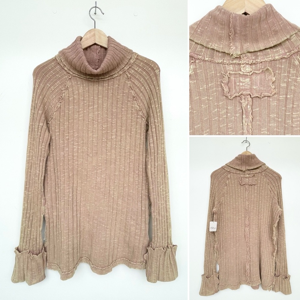 Free People Turtleneck Slouchy Knit Sweater Ribbed Long Cuffed Sleeve Raw Seam - Picture 2 of 14